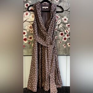 Evan Picone Grey and White Polka Dot Long Sleeve Wrap Dress